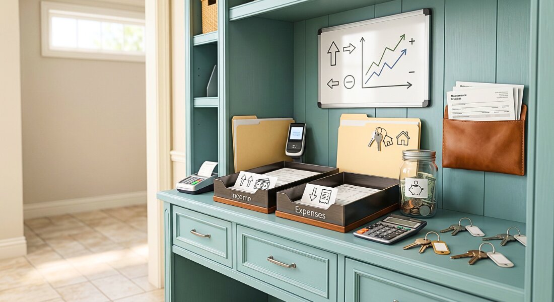Rental accounting organizer shows income and expense tracking