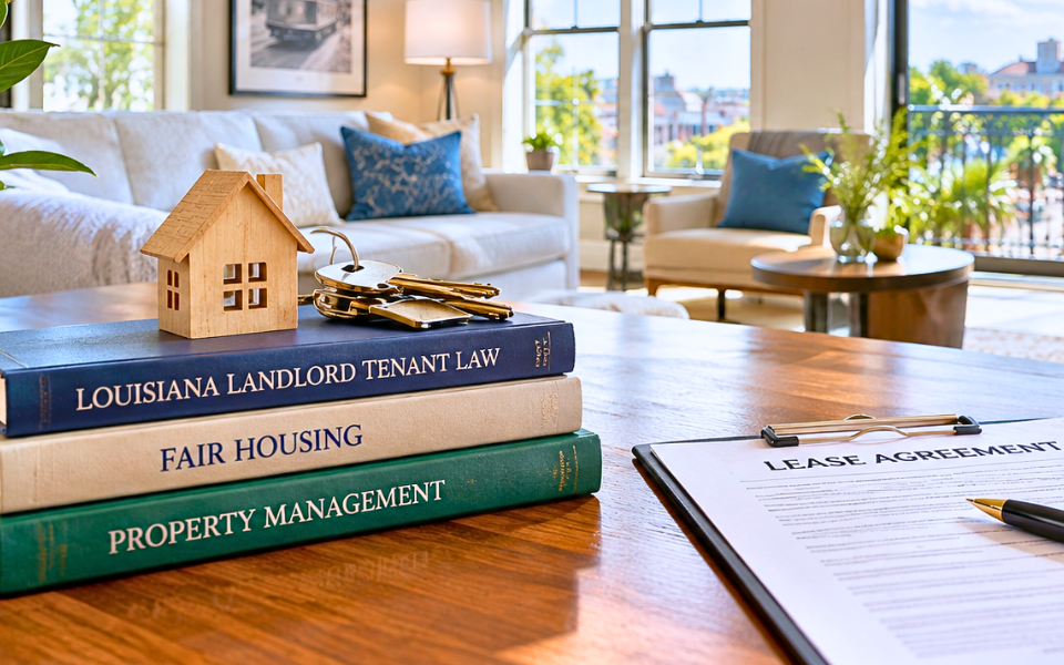 Modern Louisiana rental property interior with landlord tenant law and lease documents on a wooden table overlooking a New Orleans neighborhood.