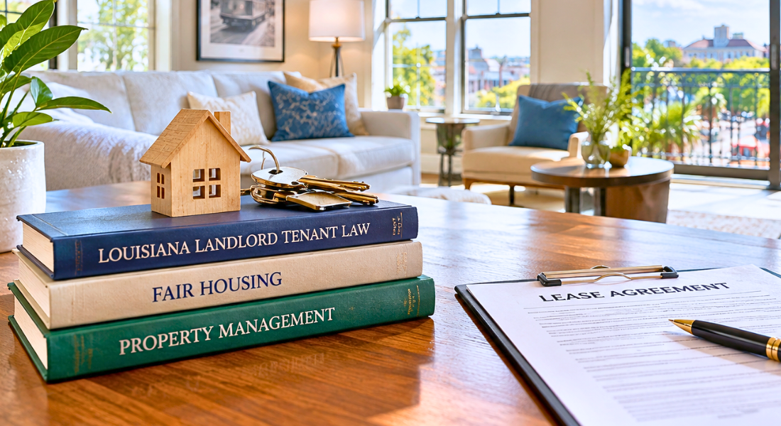 Modern Louisiana rental property interior with landlord tenant law and lease documents on a wooden table overlooking a New Orleans neighborhood.