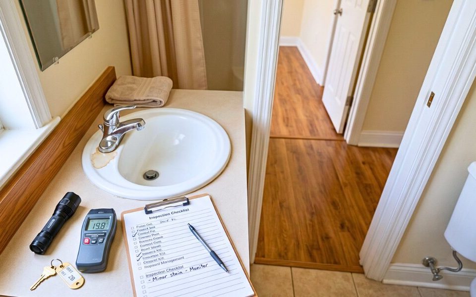 A rental home inspection scene showing a small maintenance warning before costly damage develops.
