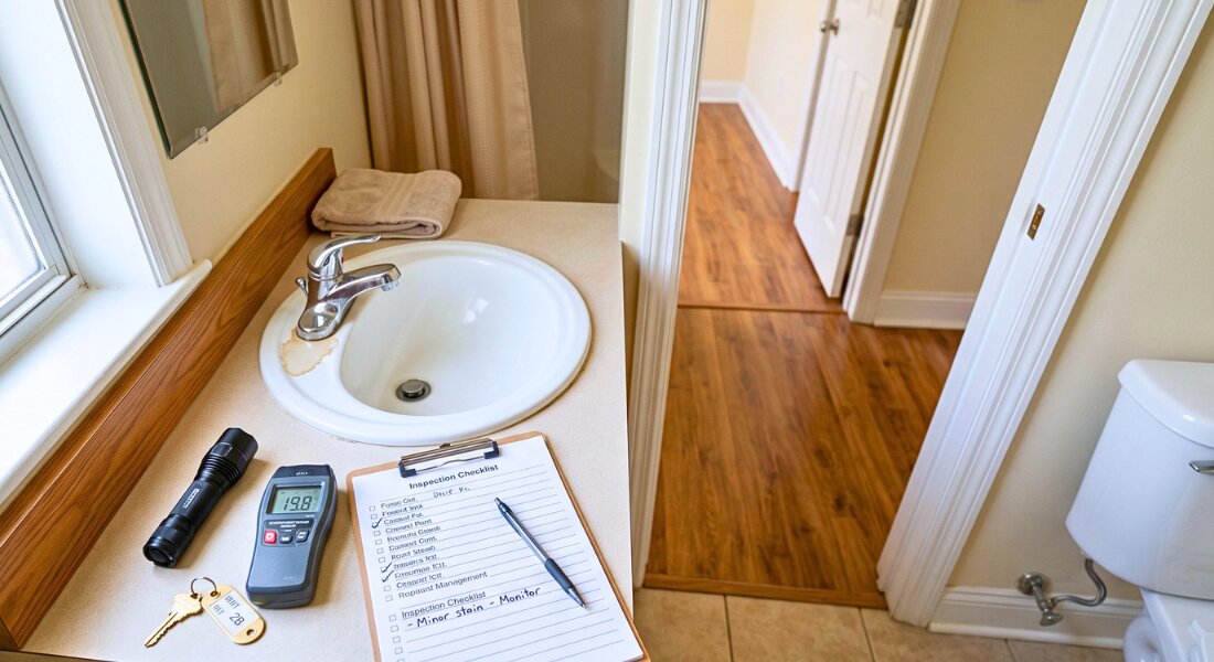 A rental home inspection scene showing a small maintenance warning before costly damage develops.