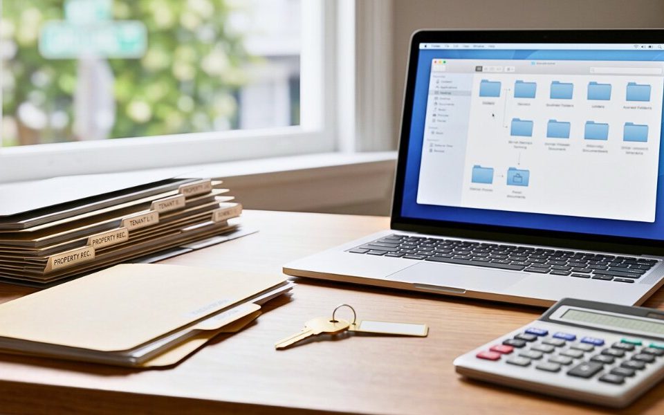 Organized rental property records beside a key and calculator in a home office.