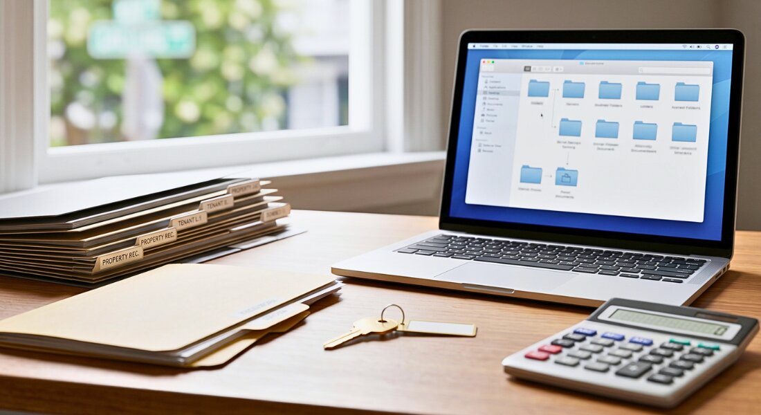 Organized rental property records beside a key and calculator in a home office.
