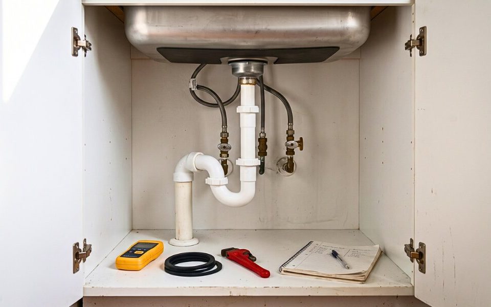 A rental kitchen plumbing system prepared for preventive maintenance and cost protection.