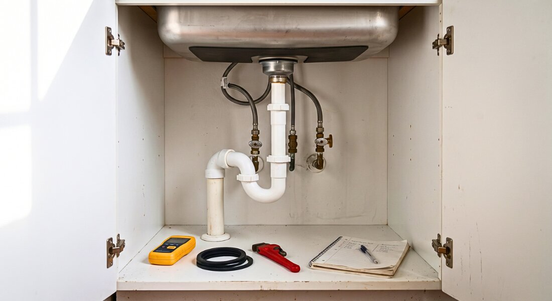 A rental kitchen plumbing system prepared for preventive maintenance and cost protection.