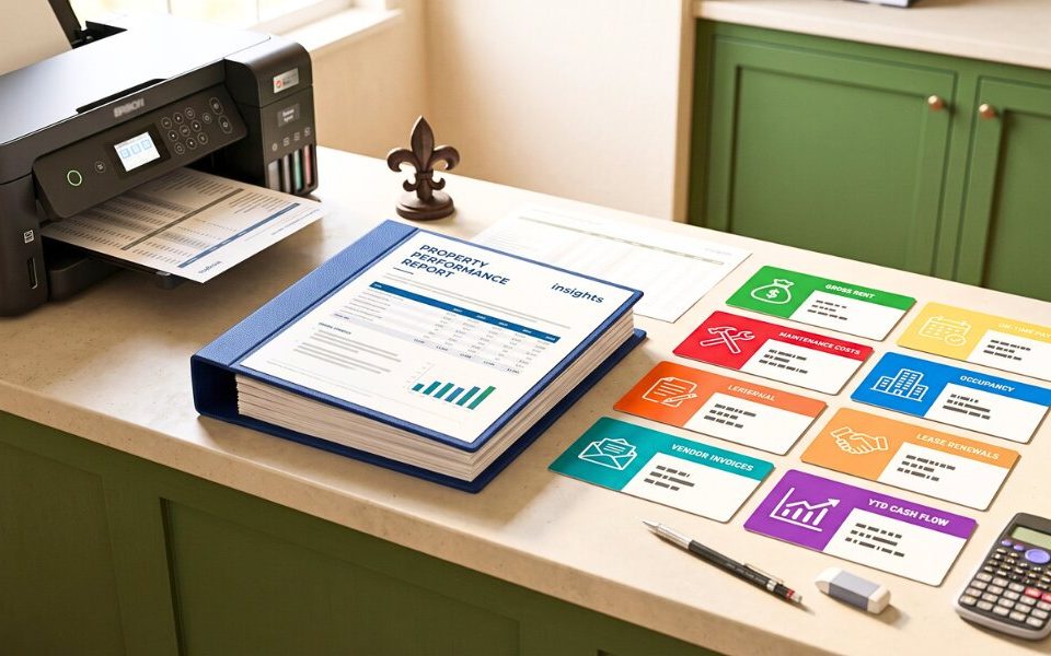 Owner reporting binder shows rental performance metrics