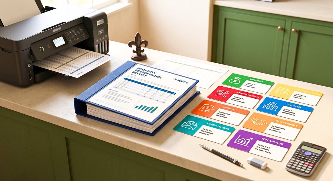 Owner reporting binder shows rental performance metrics