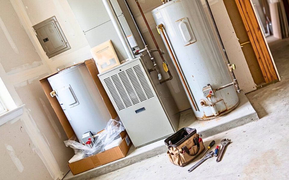 Aging rental equipment beside a properly installed replacement in a clean utility room.