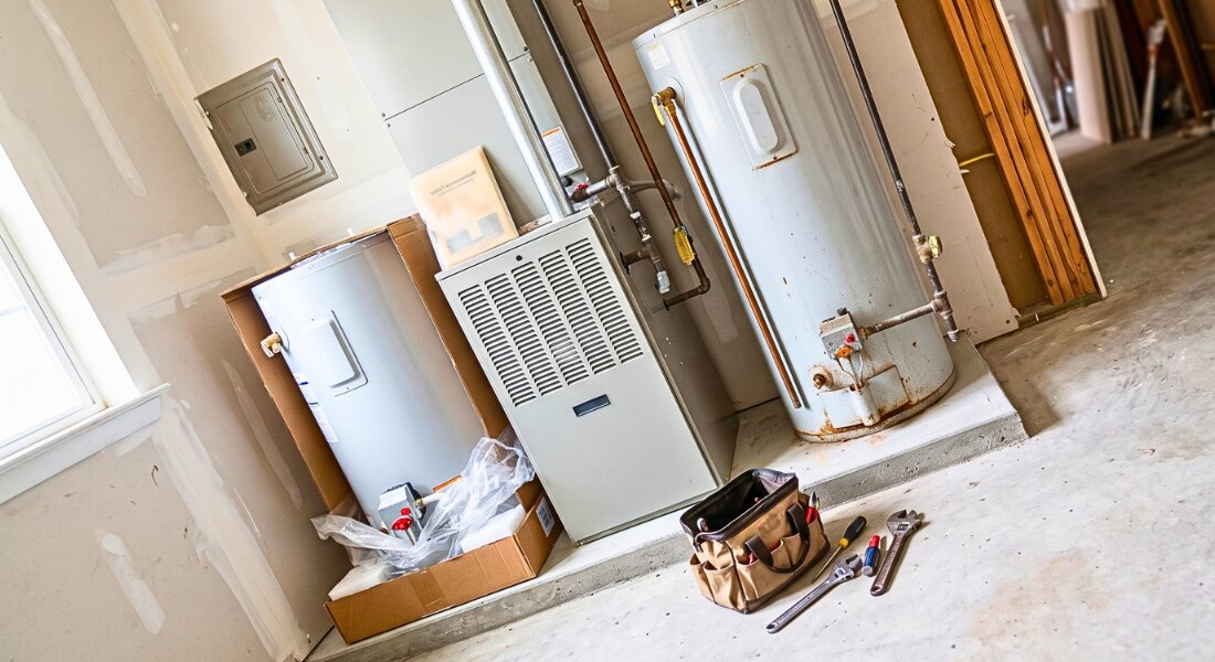 Aging rental equipment beside a properly installed replacement in a clean utility room.
